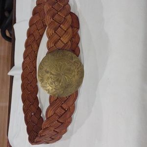 Women's BRAIDED LEATHER BELT w/Brass Buckle
